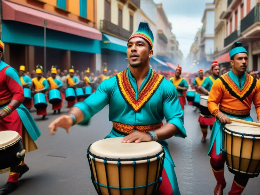 Un poderoso encuentro de tambores Candombe en Montevideo: músicos afro-uruguayos en vibrante actuación callejera