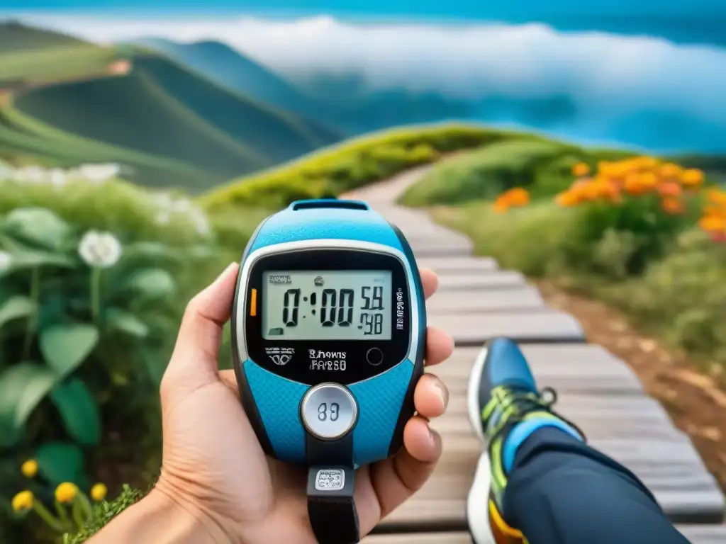 Un podómetro de alta tecnología en un zapato, mostrando detalles digitales mientras se camina en un sendero en Uruguay