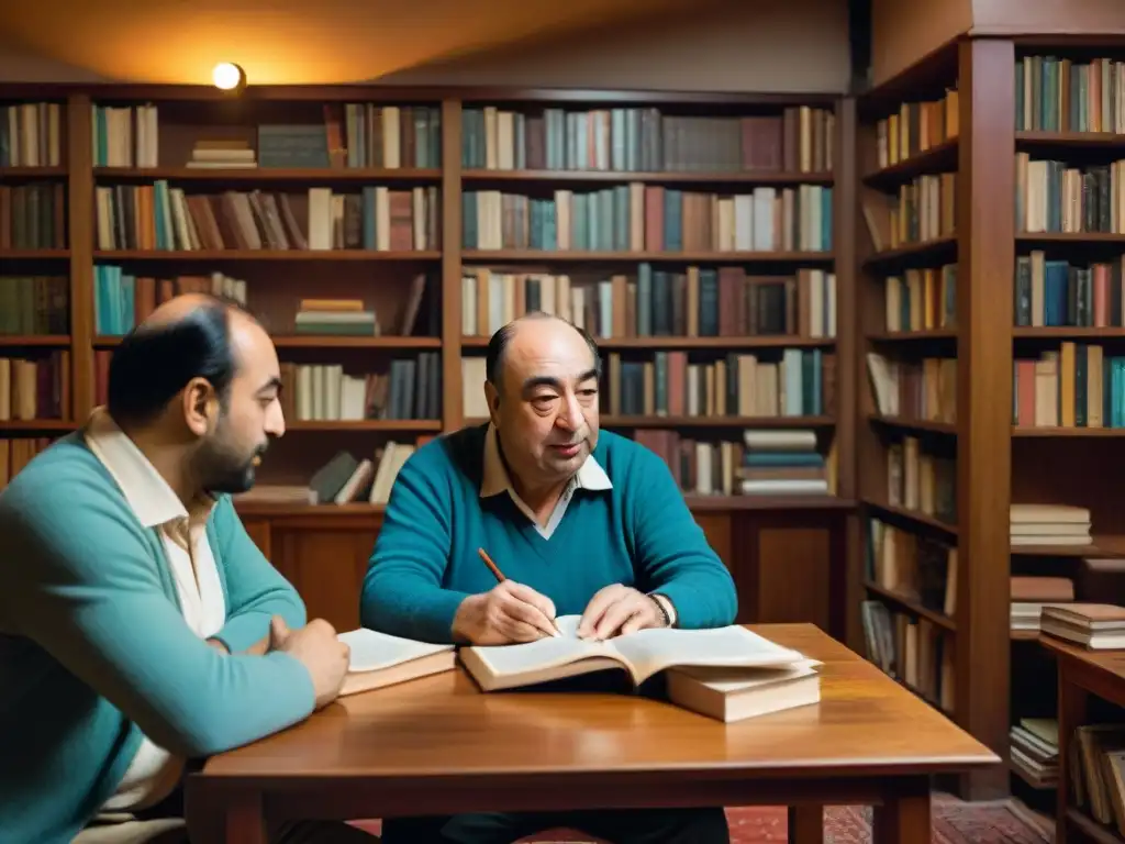 Pablo Neruda y poetas uruguayos conectan en íntima charla, rodeados de libros y papeles en cálida habitación iluminada