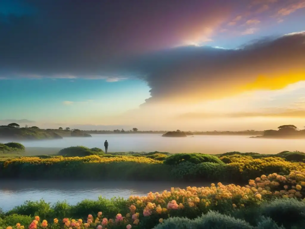 Un poético atardecer en Uruguay: figura solitaria contemplando el Río de la Plata al atardecer rodeada de naturaleza exuberante