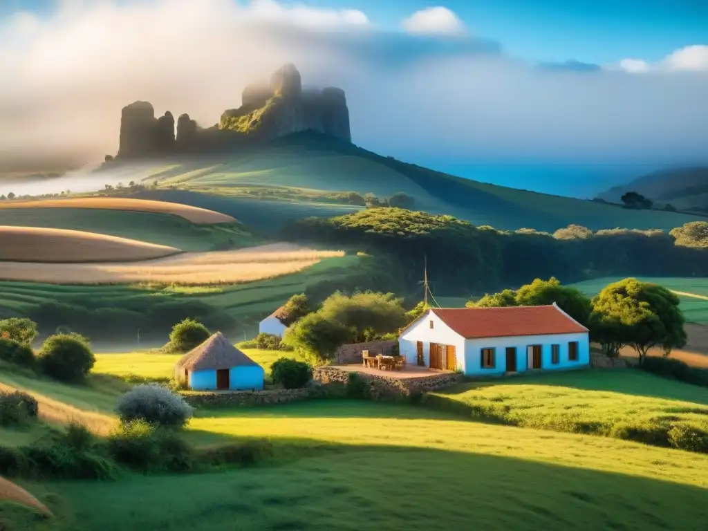 Una posada rural encantadora en Uruguay, rodeada de colinas verdes bajo un cielo azul brillante