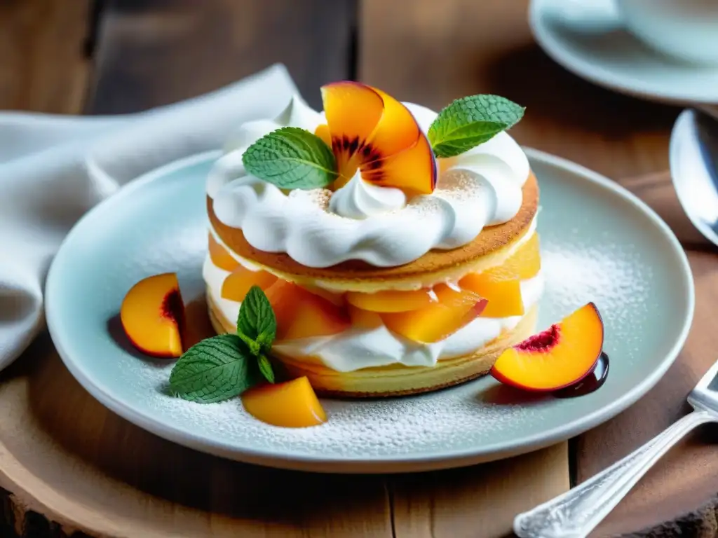 Un postre de lujo en Uruguay: 'chaja' con capas de bizcocho, crema batida, duraznos y merengue, decorado con hojas de menta y azúcar glass