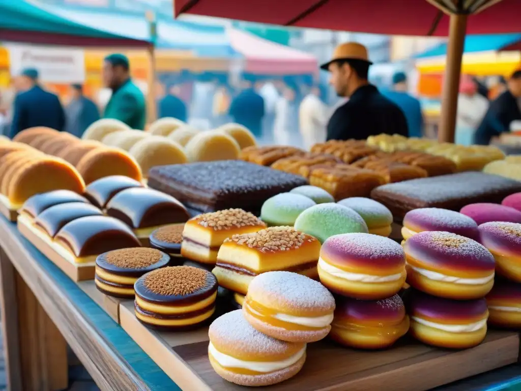 Postres uruguayos mercados imperdibles: una vibrante variedad de dulces tradicionales en un bullicioso mercado de Uruguay