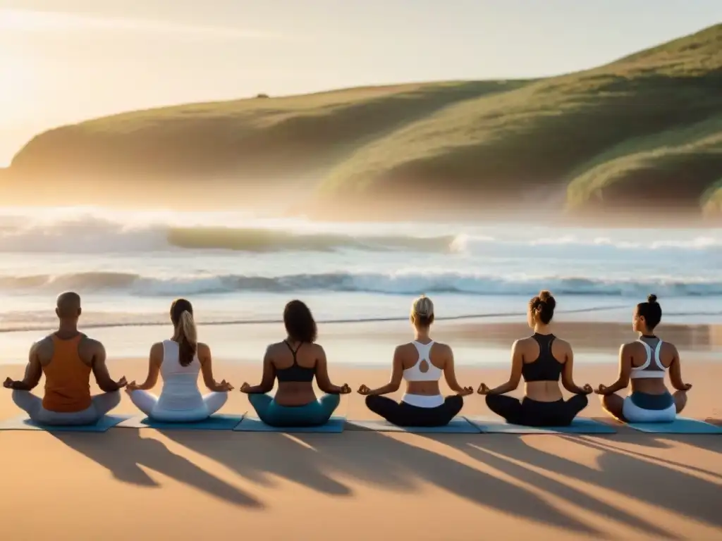 Practicantes de yoga en la playa al atardecer en Uruguay, creando un ambiente sereno y meditativo