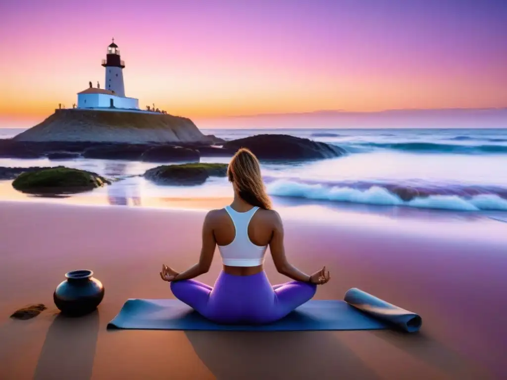 Practicantes de yoga en la playa de Uruguay al atardecer, transmitiendo paz y conexión con la naturaleza