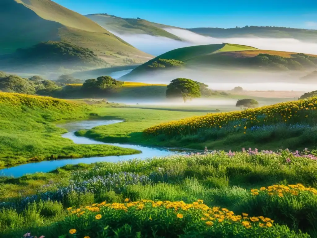 Pradera exuberante con flores silvestres en primavera en Uruguay, reflejando la flora y fauna de Uruguay