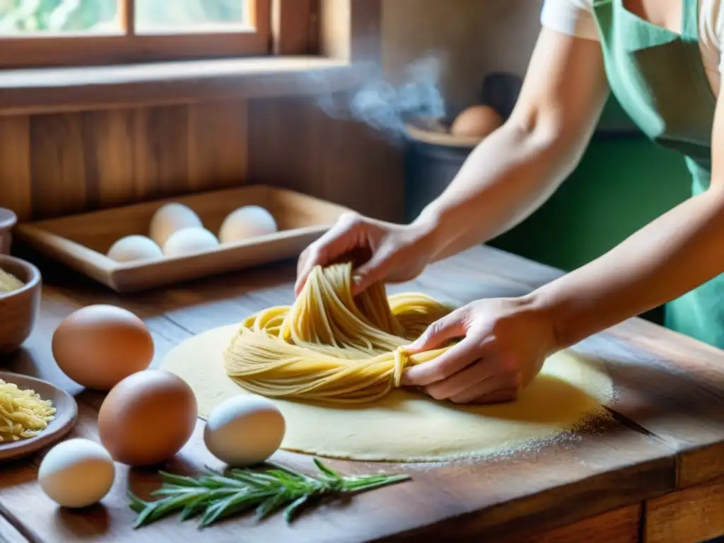 Preparación de recetas pastas caseras Uruguay en mesa rústica con ingredientes y manos expertas amasando la masa