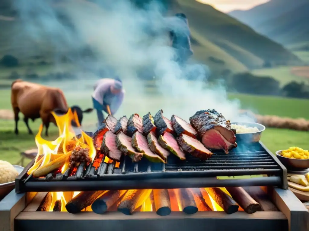 Expertamente preparado un asado uruguayo tradicional en un paisaje campestre, resaltando la gastronomía uruguaya para principiantes