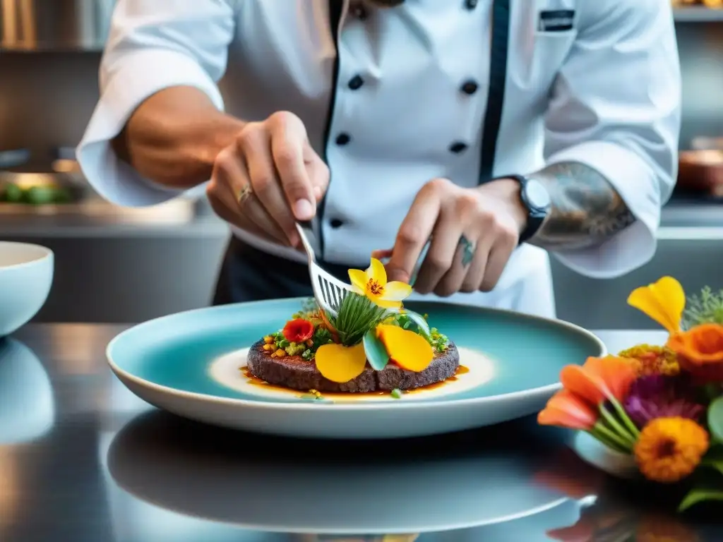 En el prestigioso restaurante de alta cocina en Montevideo, el chef con estrellas Michelin prepara un exquisito plato colorido con precisión y pasión