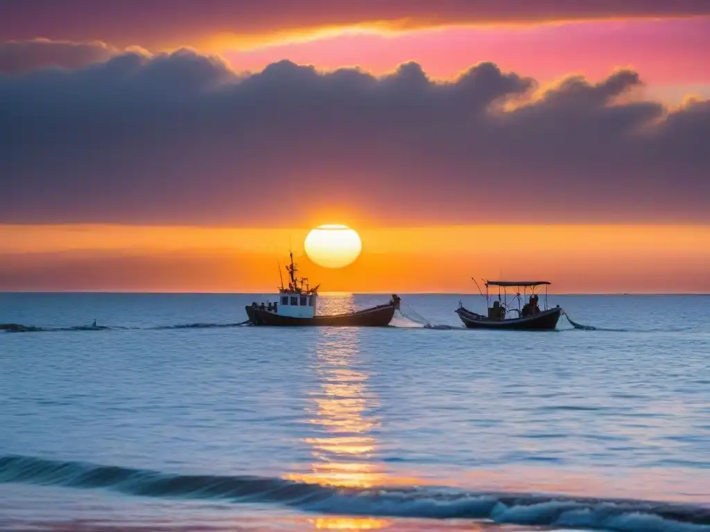 Fotografiar primeros rayos sol Uruguay: Amanecer vibrante sobre el Río de la Plata con barcas de pesca en silueta