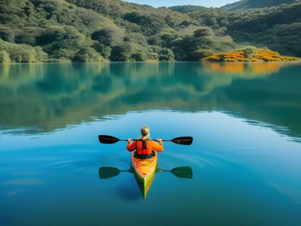 Un principiante en kayak disfruta la calma de Laguna Garzón en Uruguay