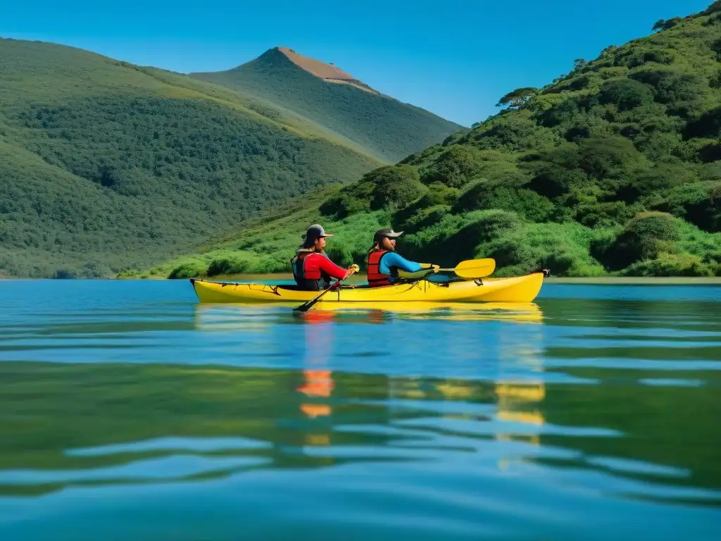 Kayak para principiantes en Uruguay: kayakers disfrutando de la serenidad en Laguna Garzón