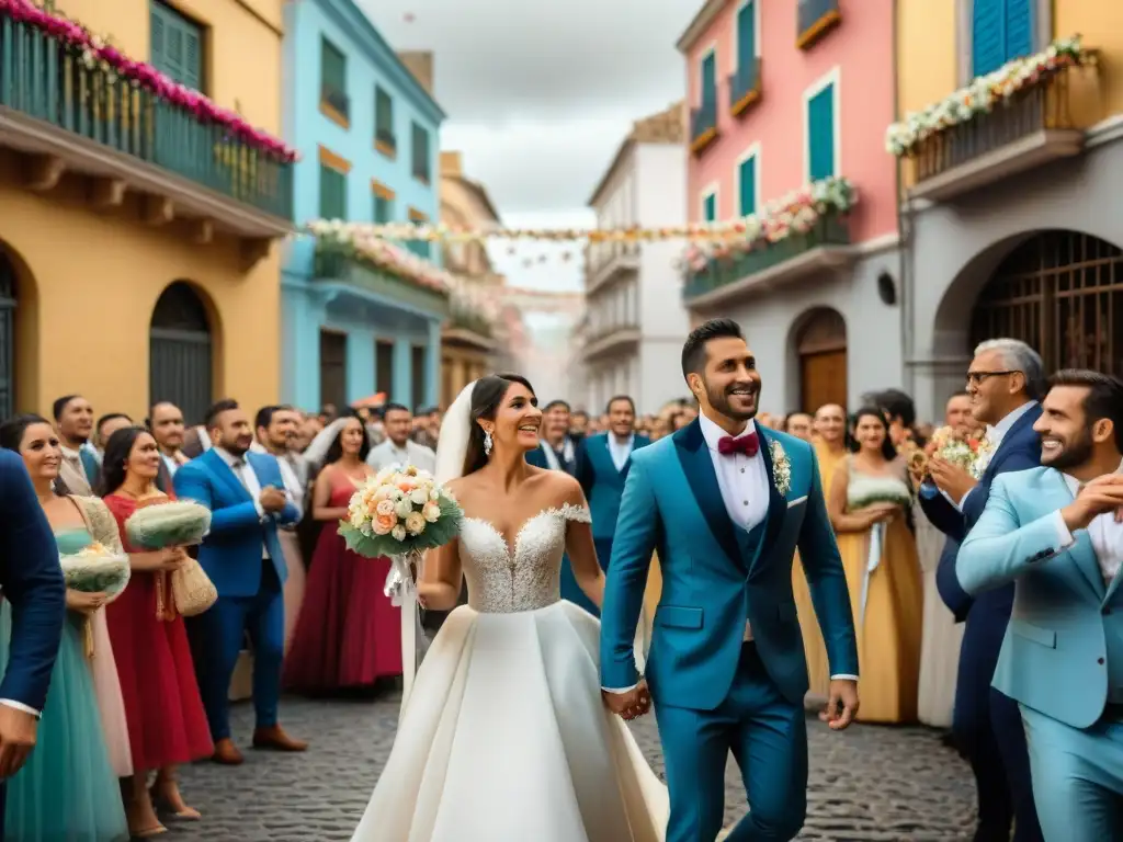 Una procesión de boda uruguaya tradicional con vibrantes cintas multicolores, música alegre y celebración comunitaria