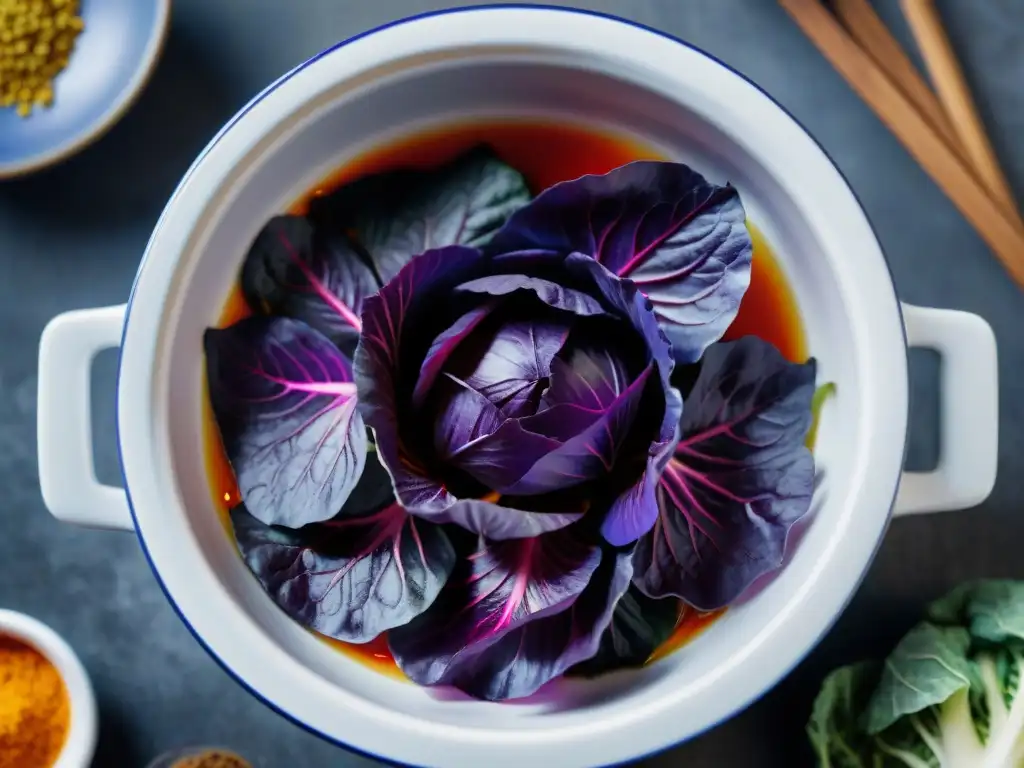 Proceso fermentación chucrut y kimchi con col morada en salmuera y especias, detalle en Uruguay