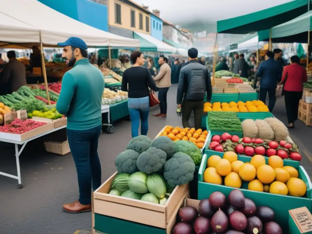 Productos ecológicos para viajeros responsables: animado mercado de Montevideo con coloridas frutas y verduras locales