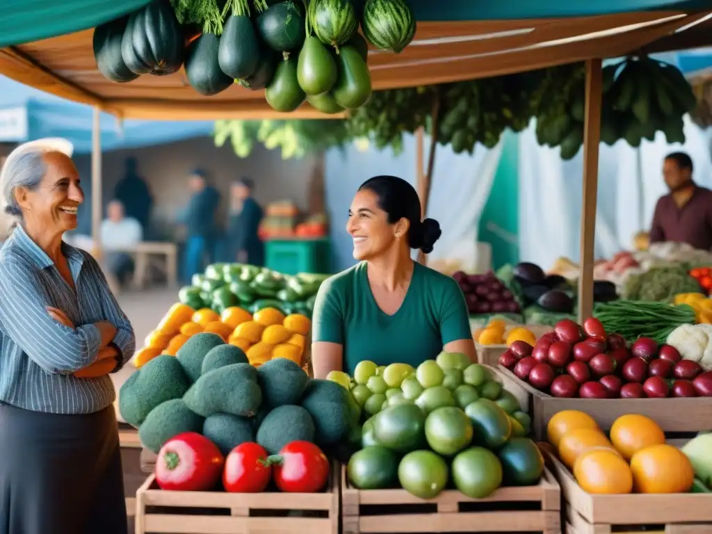 Productos sostenibles en un mercado local de Uruguay: frutas y verduras coloridas en cajas de madera, agricultores locales interactuando con clientes, creando una atmósfera cálida y acogedora bajo la luz del sol filtrada entre los árboles