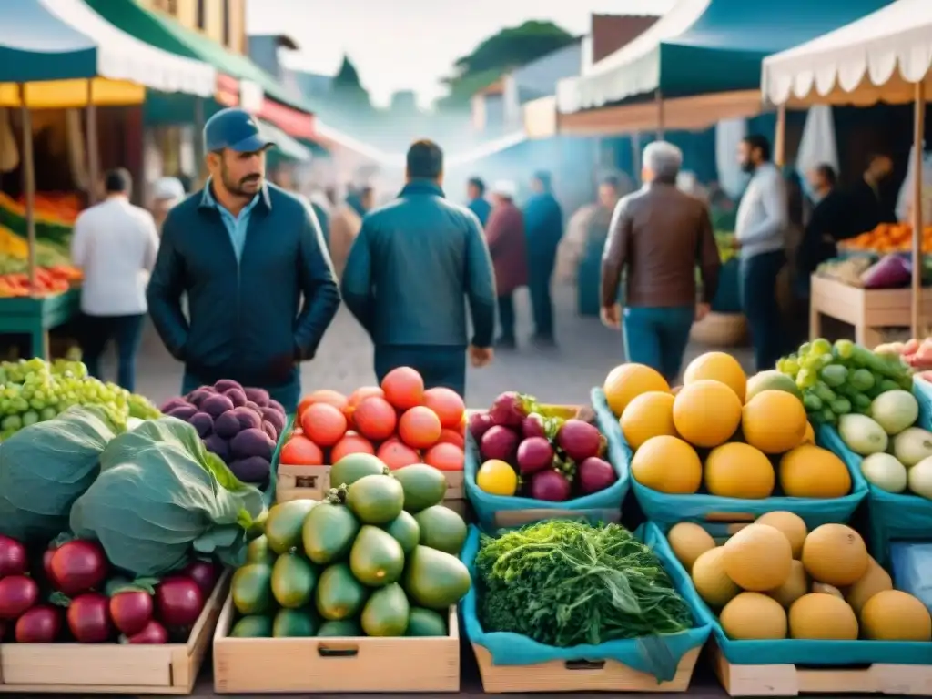 Productos sostenibles en mercado local de Uruguay, con frutas y verduras orgánicas dispuestas en stands de madera