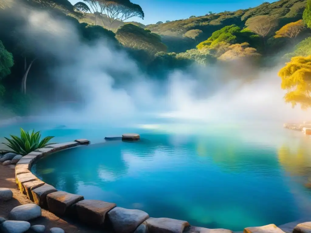 Propiedades curativas termas uruguayas: Un manantial natural sereno rodeado de exuberante vegetación, con vapor ascendente y aguas cristalinas azules