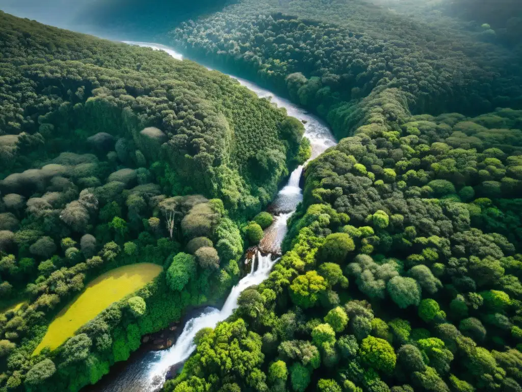 Descubre proyectos ecoturismo innovadores en Uruguay con vista aérea de exuberante bosque verde y cascada majestuosa