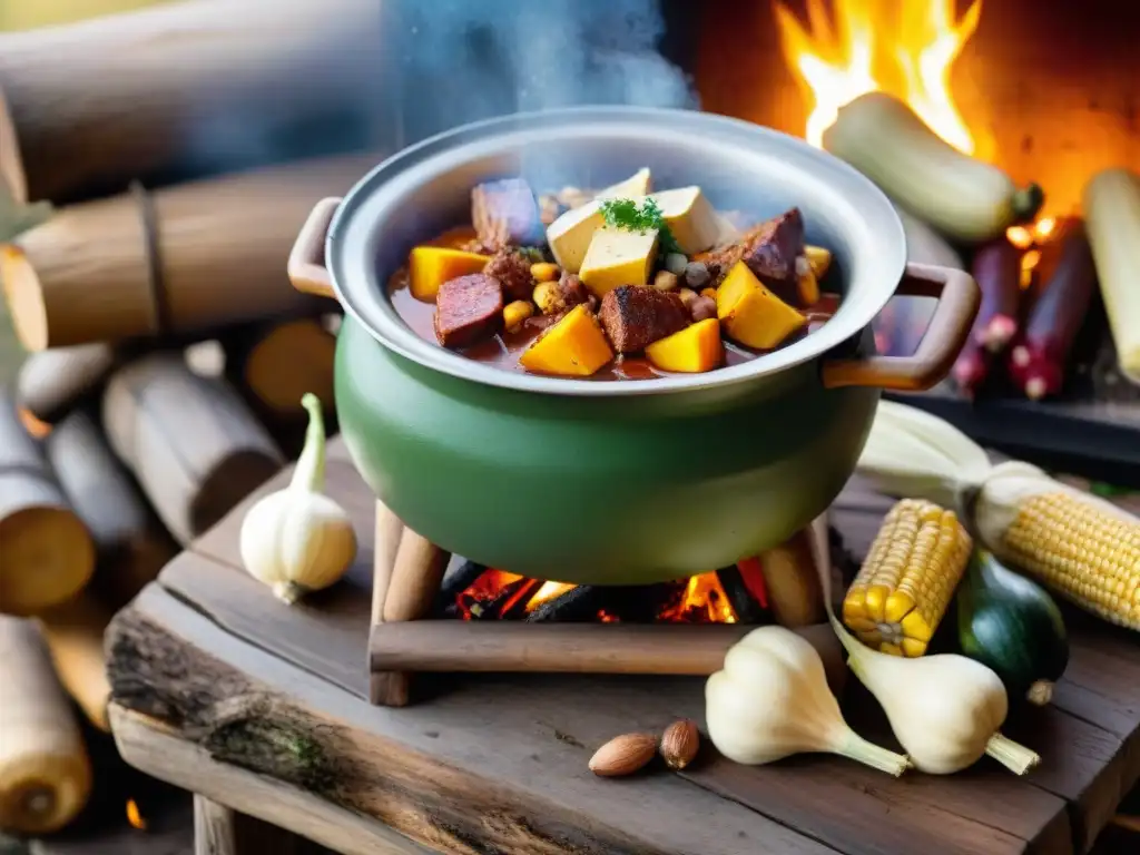 Un puchero uruguayo tradicional cocinándose a fuego lento en olla de barro en un escenario campestre invernal