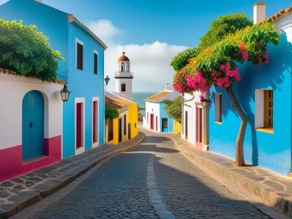 Pueblos con encanto de Uruguay: Calles históricas de Colonia del Sacramento con edificios coloniales coloridos, cafés y flores