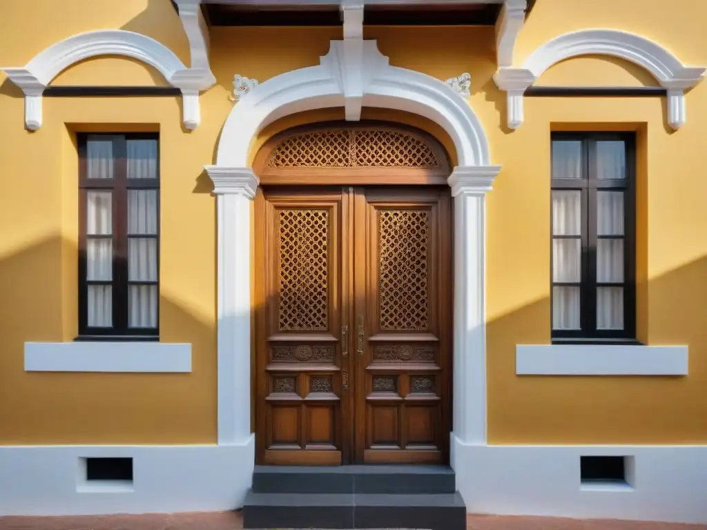 Puertas de madera talladas de edificio colonial en Uruguay, resaltadas por la luz cálida