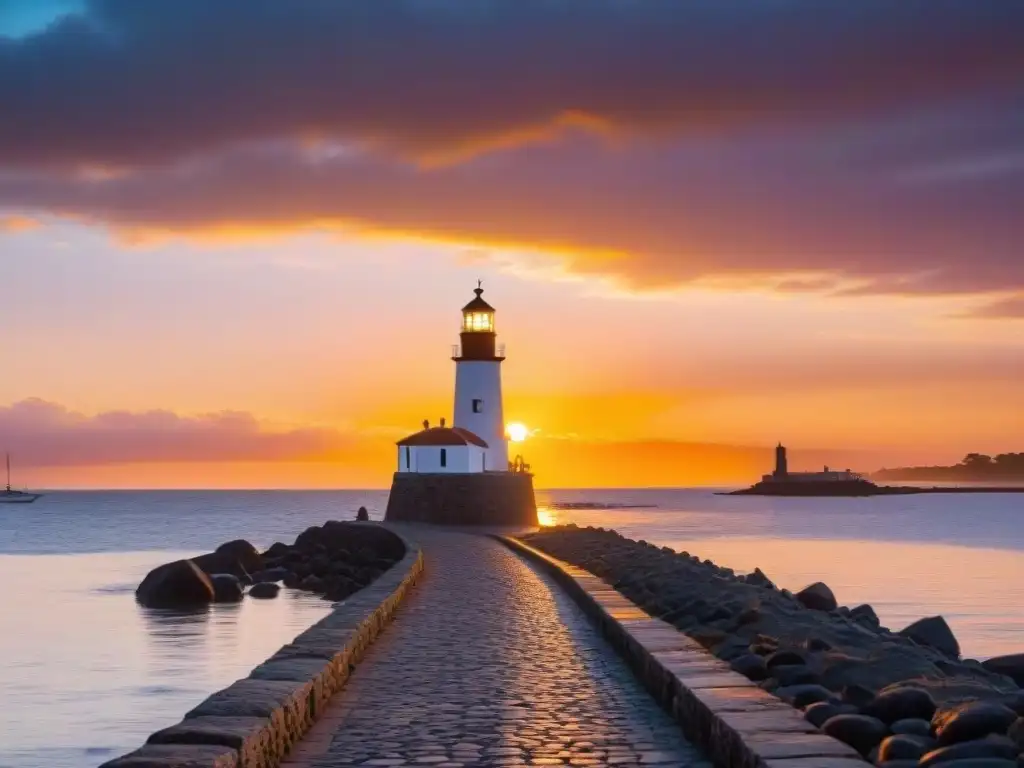 Puesta de sol en Colonia del Sacramento, Uruguay, con tonos naranjas y rosados vibrantes reflejándose en el Río de la Plata