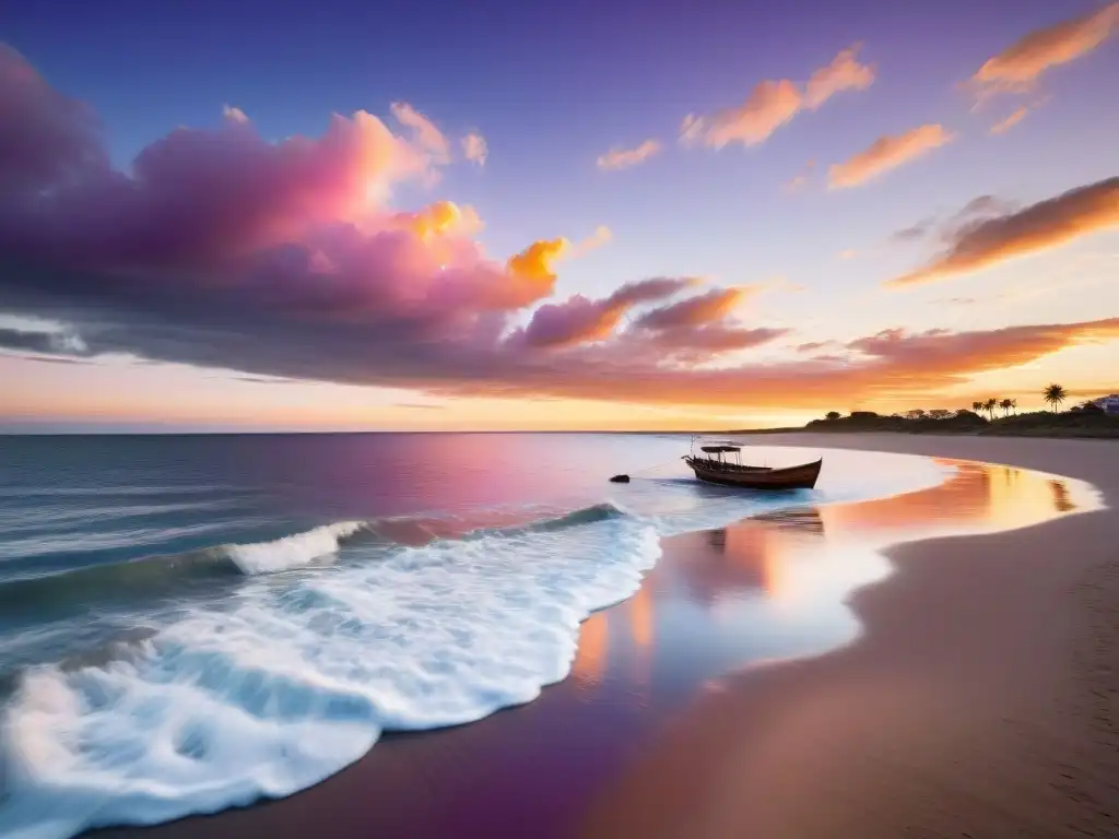 Puesta de sol dorada sobre playa uruguaya, con palmeras y botes de pesca