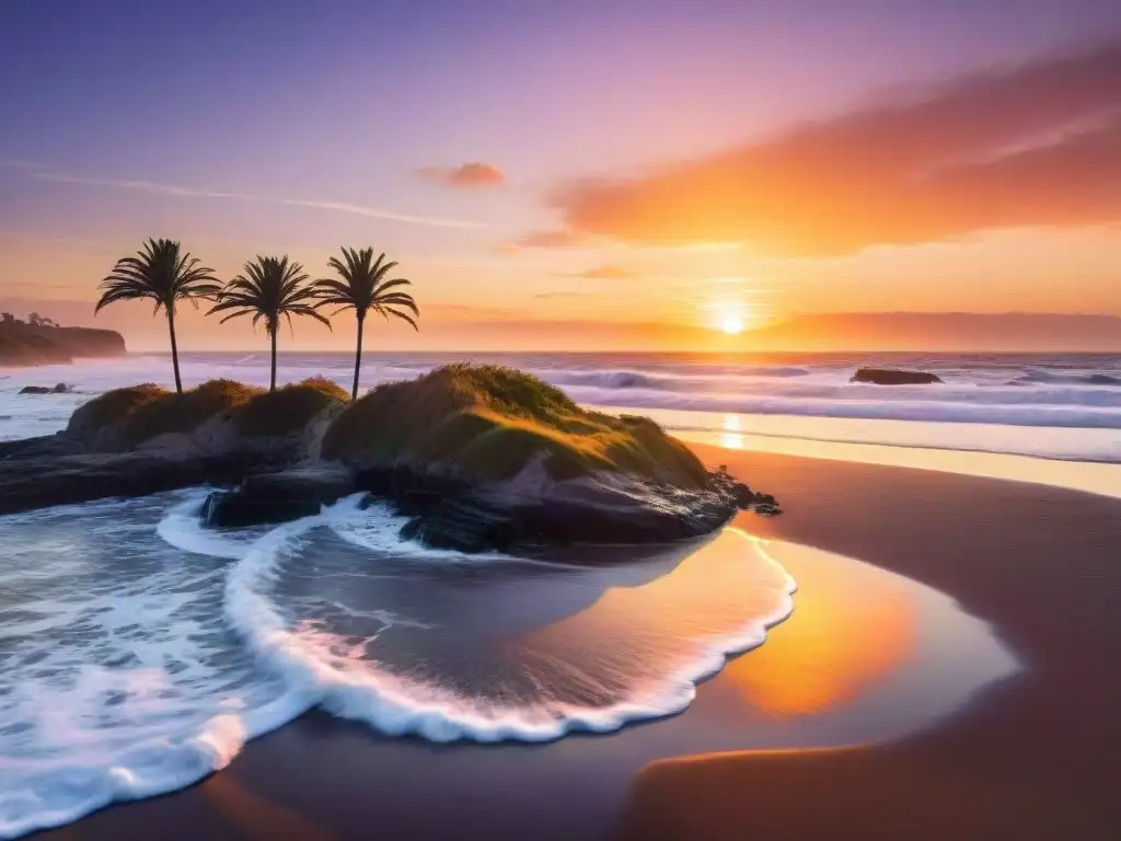 Puesta de sol en la playa de Uruguay con palmeras, gaviotas y cielo anaranjado