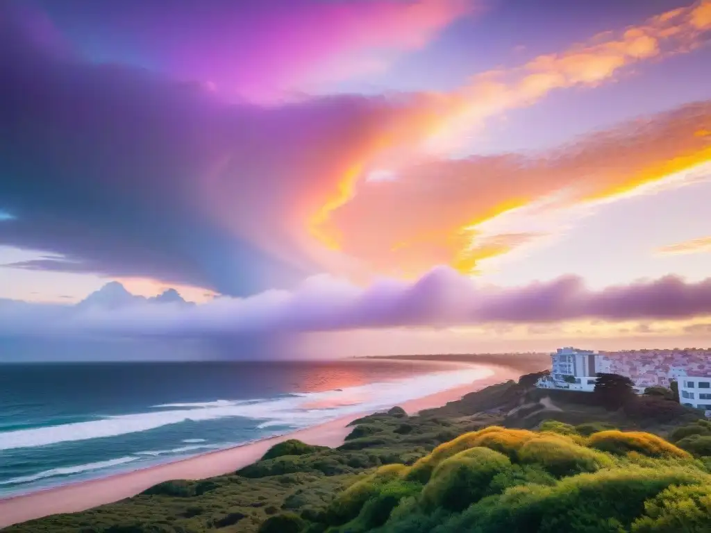 Puesta de sol serena sobre la costa de Punta del Este en Uruguay, con hotel boutique entre vegetación