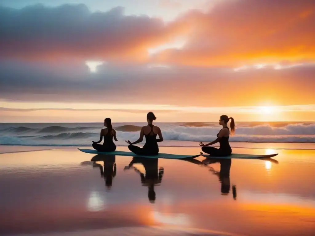 Puesta de sol serena en una playa de Uruguay con surfistas y practicantes de yoga, yoga y surf en Uruguay