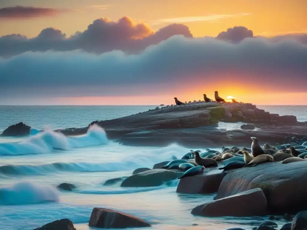 Una puesta de sol vibrante sobre las costas rocosas de Uruguay, con vida salvaje y un paisaje tranquilo