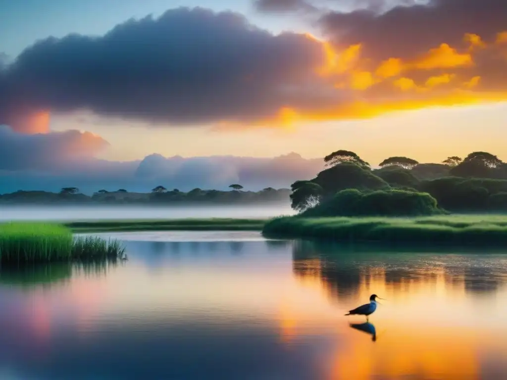 Puesta de sol vibrante sobre Laguna Garzón en Uruguay, aves nativas surcando el agua