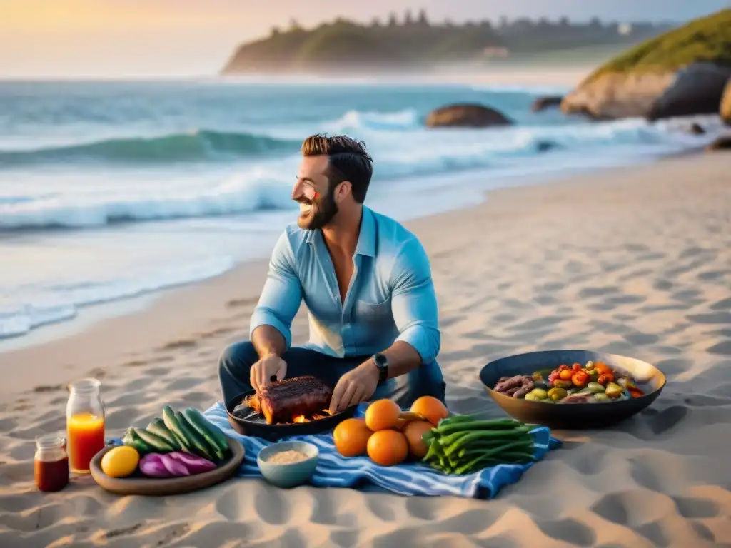 Una puesta de sol vibrante sobre una playa pintoresca en Uruguay con un asado tradicional uruguayo en la arena