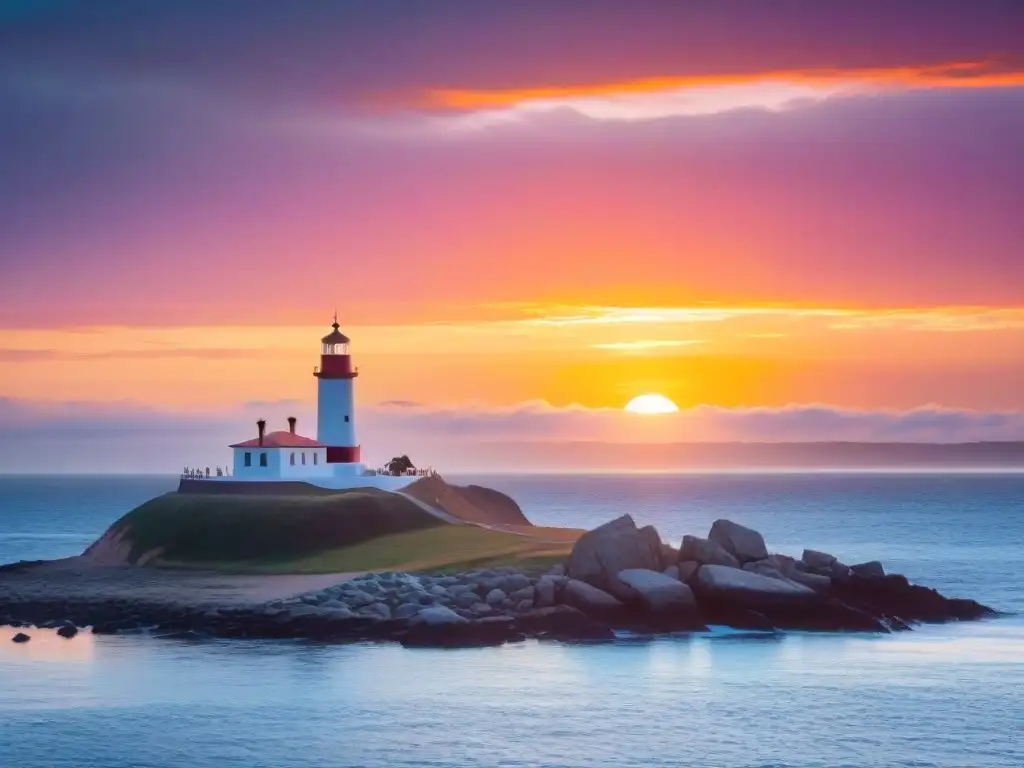 Puesta de sol vibrante sobre Punta del Este, Uruguay con el faro en silueta