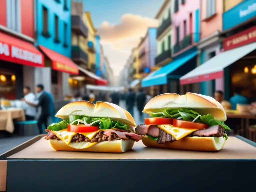 Un puesto de comida callejera en Uruguay preparando chivitos tradicionales con ingredientes coloridos