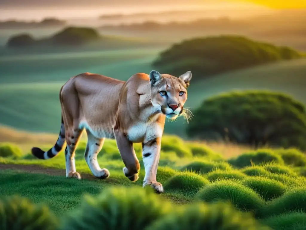 Un puma majestuoso en pleno sprint en las praderas de Uruguay