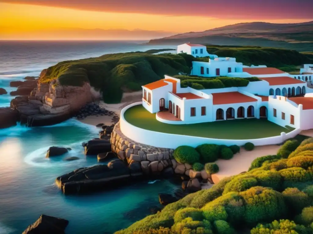 Fotografía de la icónica Casa Pueblo en Punta Ballena, Uruguay, destacando la fusión entre arquitectura y naturaleza al atardecer en la costa