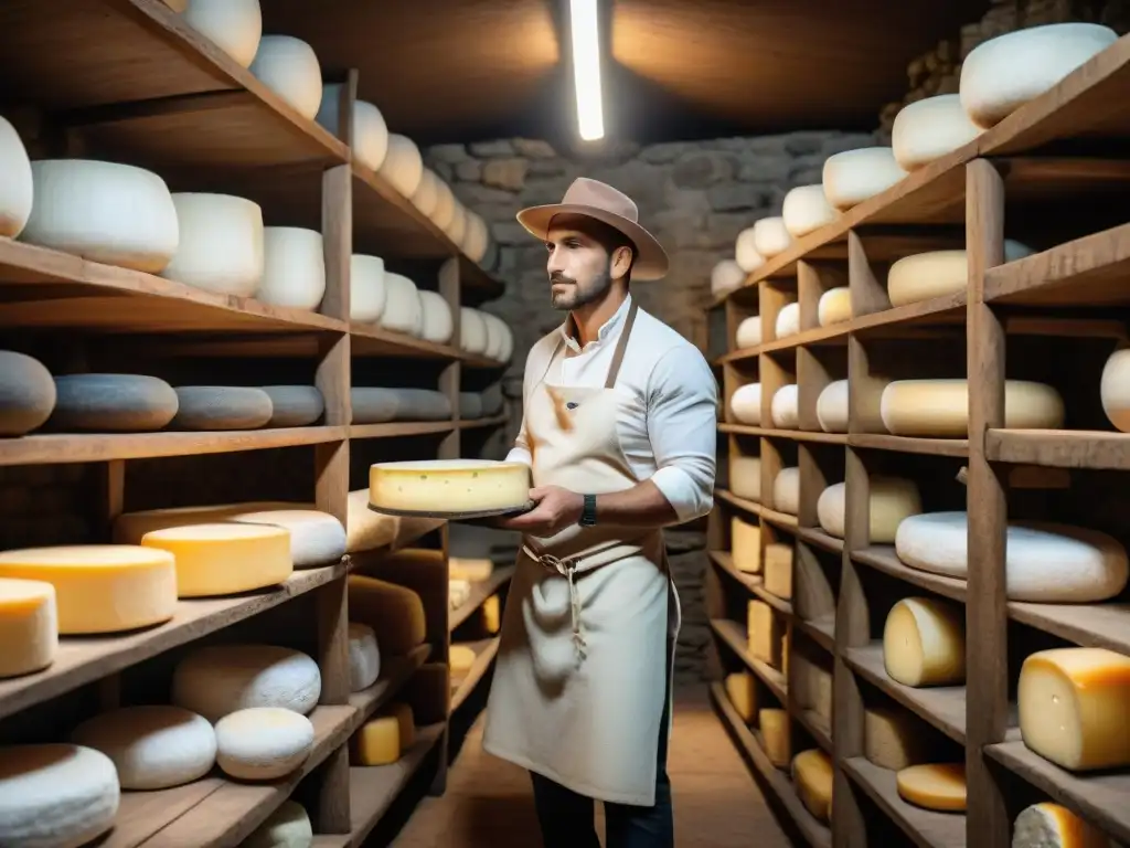 Quesería uruguaya: queso premium en bodegas tradicionales, artesanos trabajando en ambiente cálido y acogedor