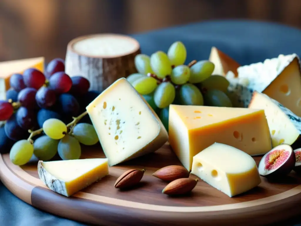 Degustación de quesos artesanales uruguayos en tabla de madera rústica con frutas frescas