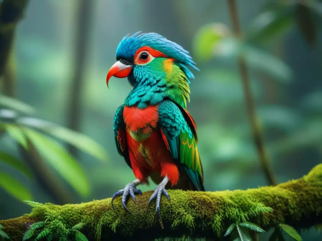 Un Quetzal vibrante en la selva, con plumaje verde y rojo iridiscente