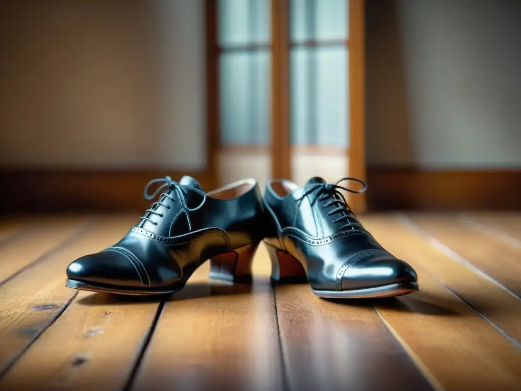 Raíces del tango en Uruguay: Detalle de zapatos de tango desgastados sobre piso de madera vintage, iluminados por luz natural