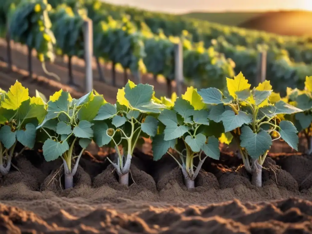 Raíces de viñas ecológicas en Uruguay entrelazadas bajo la luz dorada del atardecer