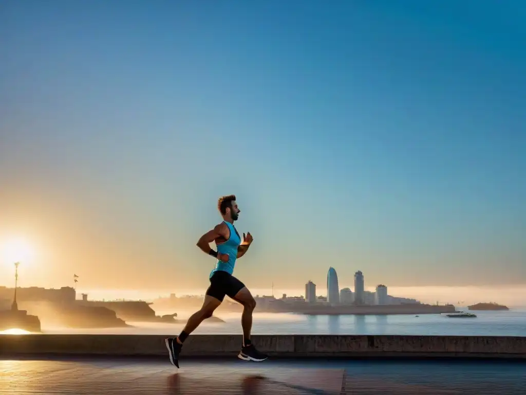 Runner disfrutando del amanecer en la Rambla de Montevideo con el Palacio Salvo al fondo, ideal para el equipamiento para correr en Uruguay