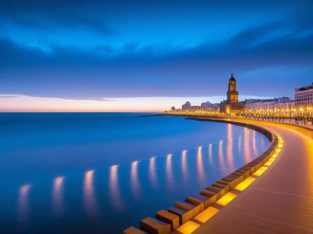 Fotografía en baja iluminación Uruguay: La Rambla Sur iluminada en Montevideo al atardecer, con luces brillantes y el Río de la Plata en tonos azules