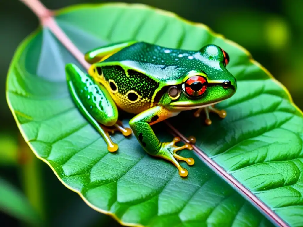 Una rana verde vibrante en una hoja en la exuberante selva de Uruguay