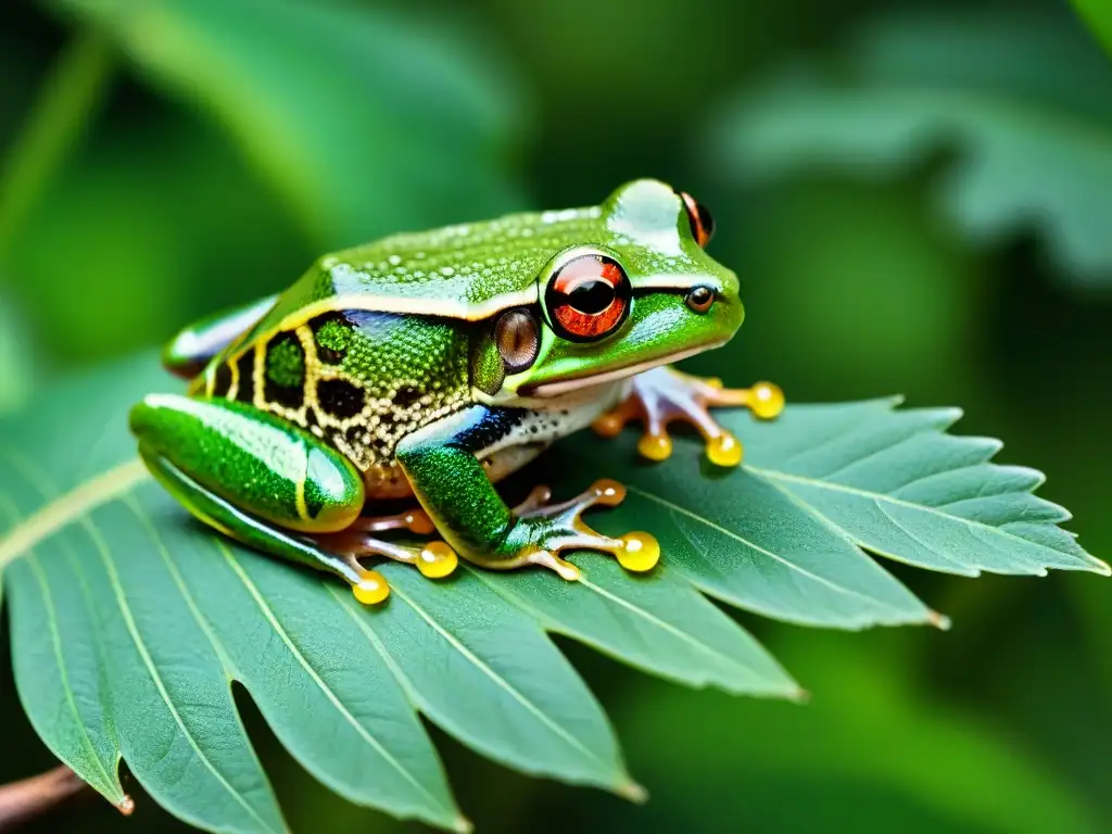 Una rana verde vibrante en una hoja húmeda de la selva de Uruguay, reflejando la riqueza de la conservación fauna Uruguay hogar