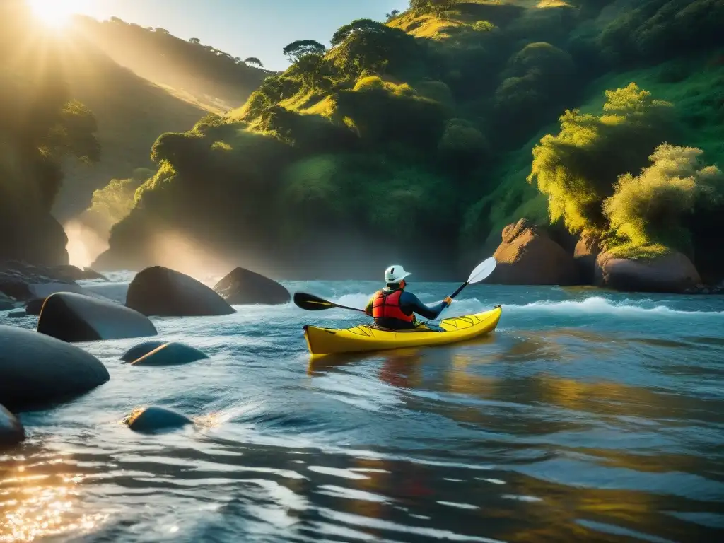 Kayakers desafían rápidos del río Arapey en Uruguay, rodeados de naturaleza exuberante al atardecer