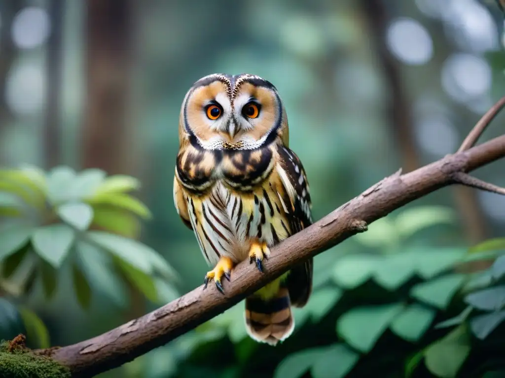 Exquisita imagen de Tucuquere en bosque uruguayo Un búho rayado posado en rama en un bosque denso de Uruguay