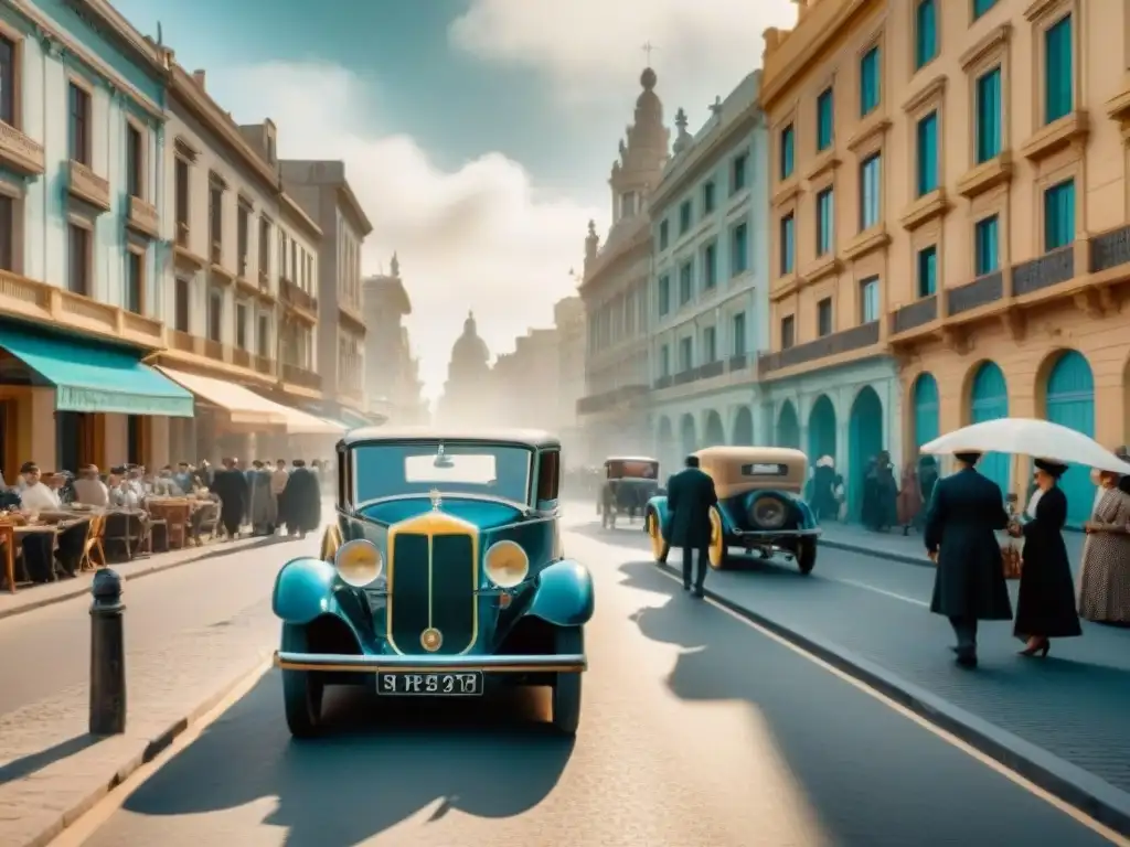 Uruguay histórico en realidad aumentada: Calle de Montevideo en los años 1900 con autos antiguos, gente y arquitectura histórica